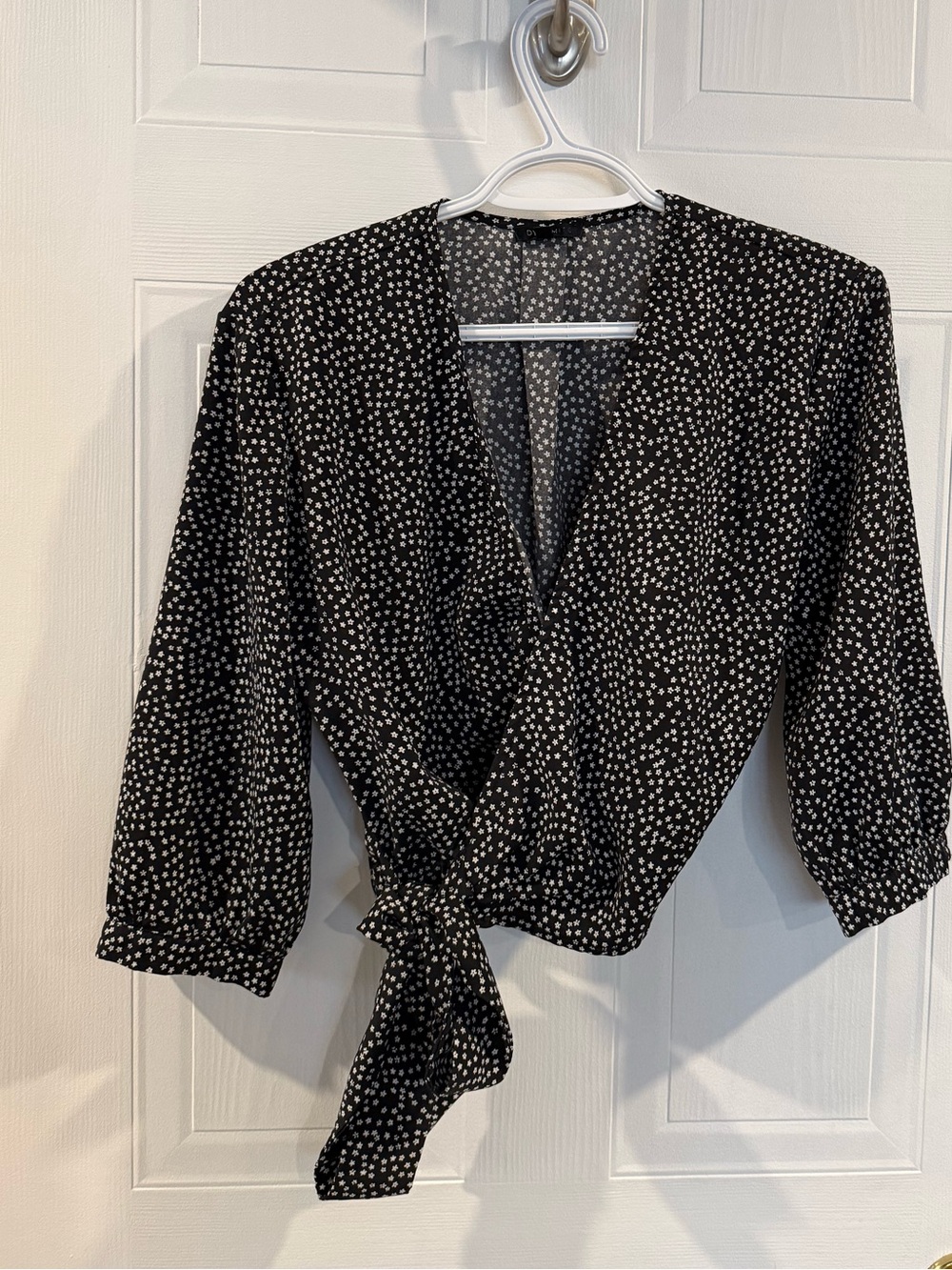 Dynamite Black Polka Dot Wrap Tie Blouse